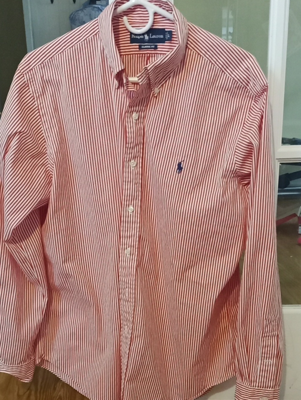 Ralph Lauren Red and White Narrow Stripe Button-Down Shirt